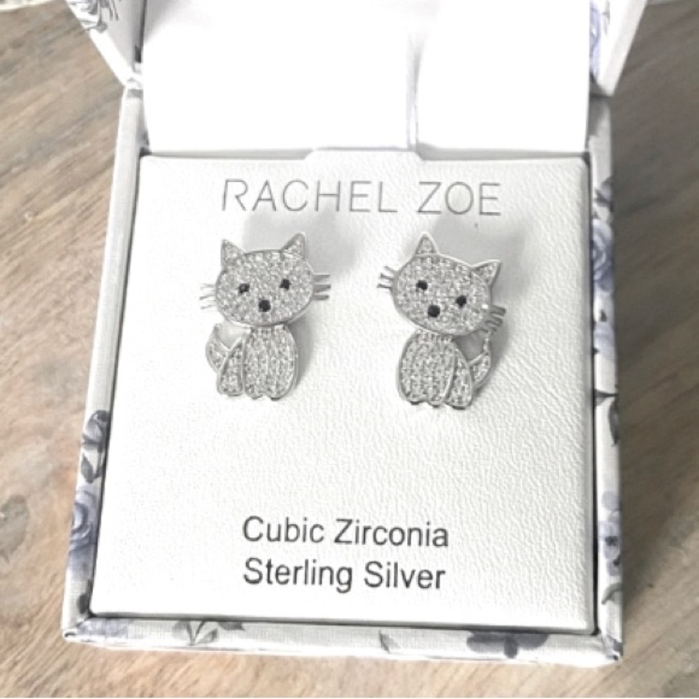 Sterling Silver Cz Kitty Stud Earrings